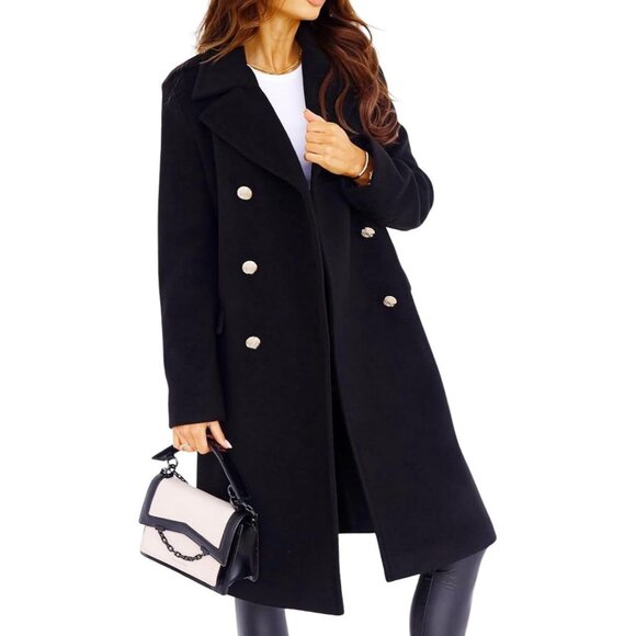 Jackets & Blazers - Women's Black Double-Breasted Wool Blend Winter Jacket Warm Long Trench Coat